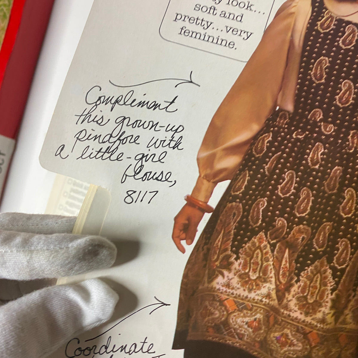Image of a sewing pattern from the 1977 Simplicity Fall Catalog, showcasing a grown-up pinto dress styled with a little girl blouse, featuring handwritten notes on fabric coordination.
