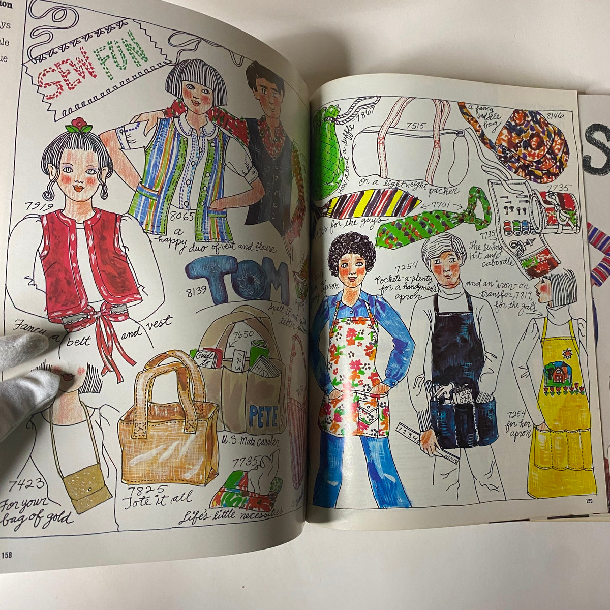 Illustration from the 1977 Simplicity Fall Catalog featuring a variety of sewing patterns for children, showcasing colorful designs and apparel ideas like vests, aprons, and more.