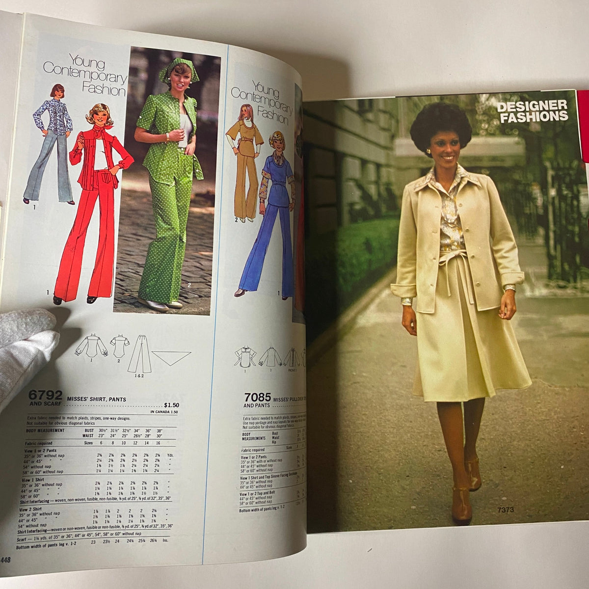 Pages from the 1976 October Simplicity Sewing Pattern Catalog displaying young contemporary fashion styles and designer outfits from the vintage collection.