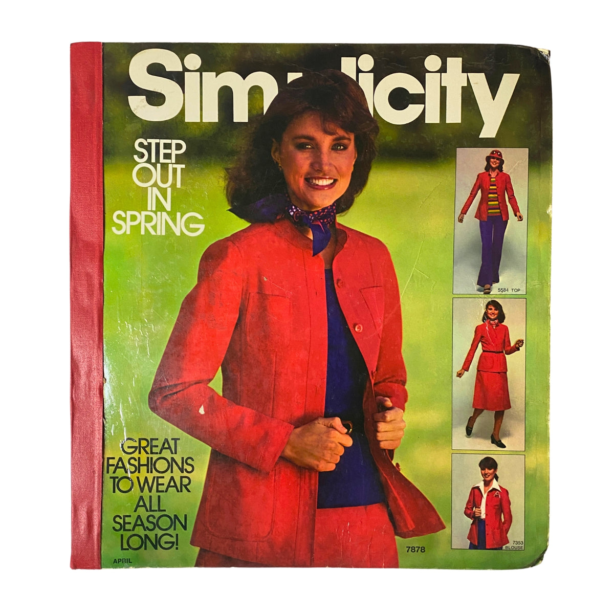 Front cover of the 1977 April Simplicity Sewing Pattern Catalog featuring a woman in a red jacket and blue blouse, advertising great fashions to wear all season long. Full color, vintage design.