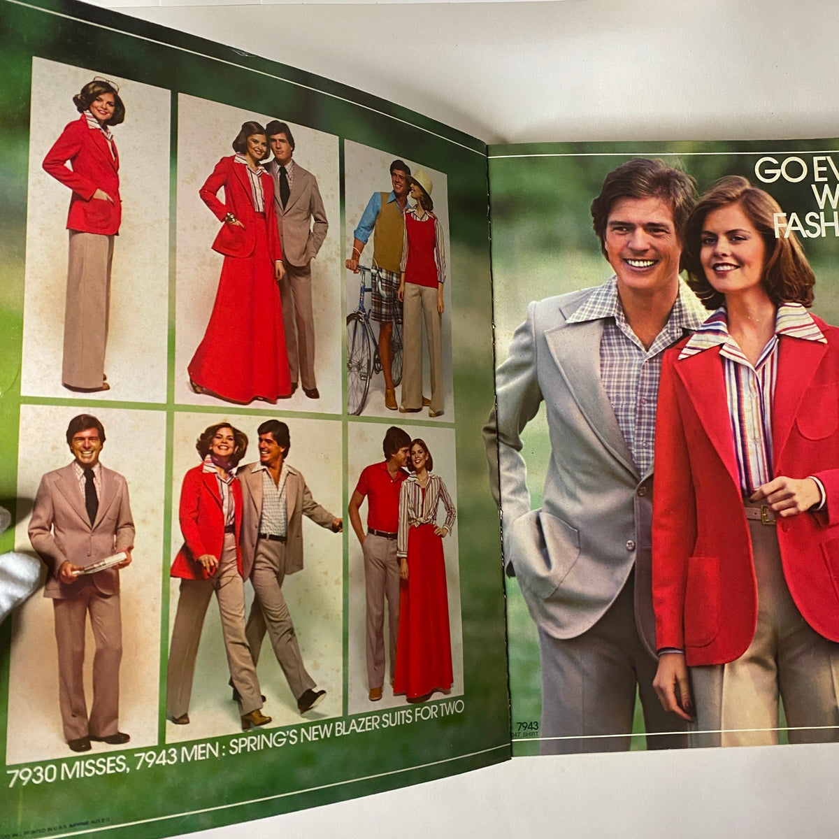Interior spread of the 1977 April Simplicity Sewing Pattern Catalog displaying diverse men’s and women’s fashion styles with vibrant colors and classic designs.