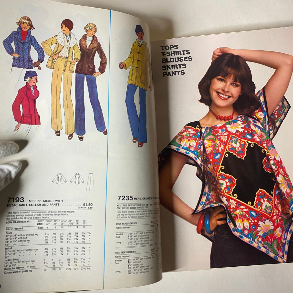 1977 April Simplicity Sewing Pattern Catalog showcasing vintage fashion designs for tops, T-shirts, blouses, skirts, and pants in vibrant colors.