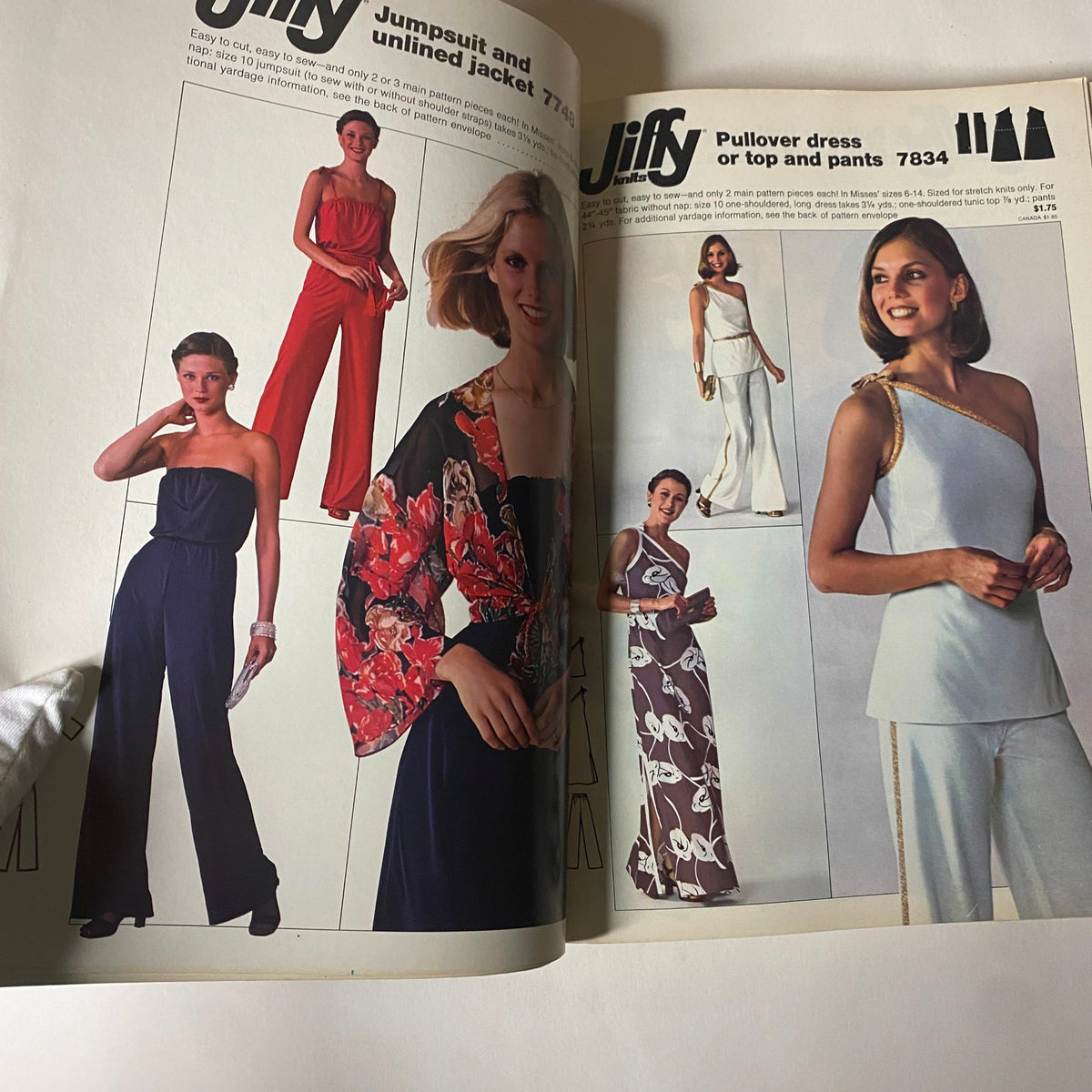 1977 April Simplicity Sewing Pattern Catalog displaying fashionable jumpsuits and dresses, highlighting the easy-to-sew JIFFY patterns of the era.