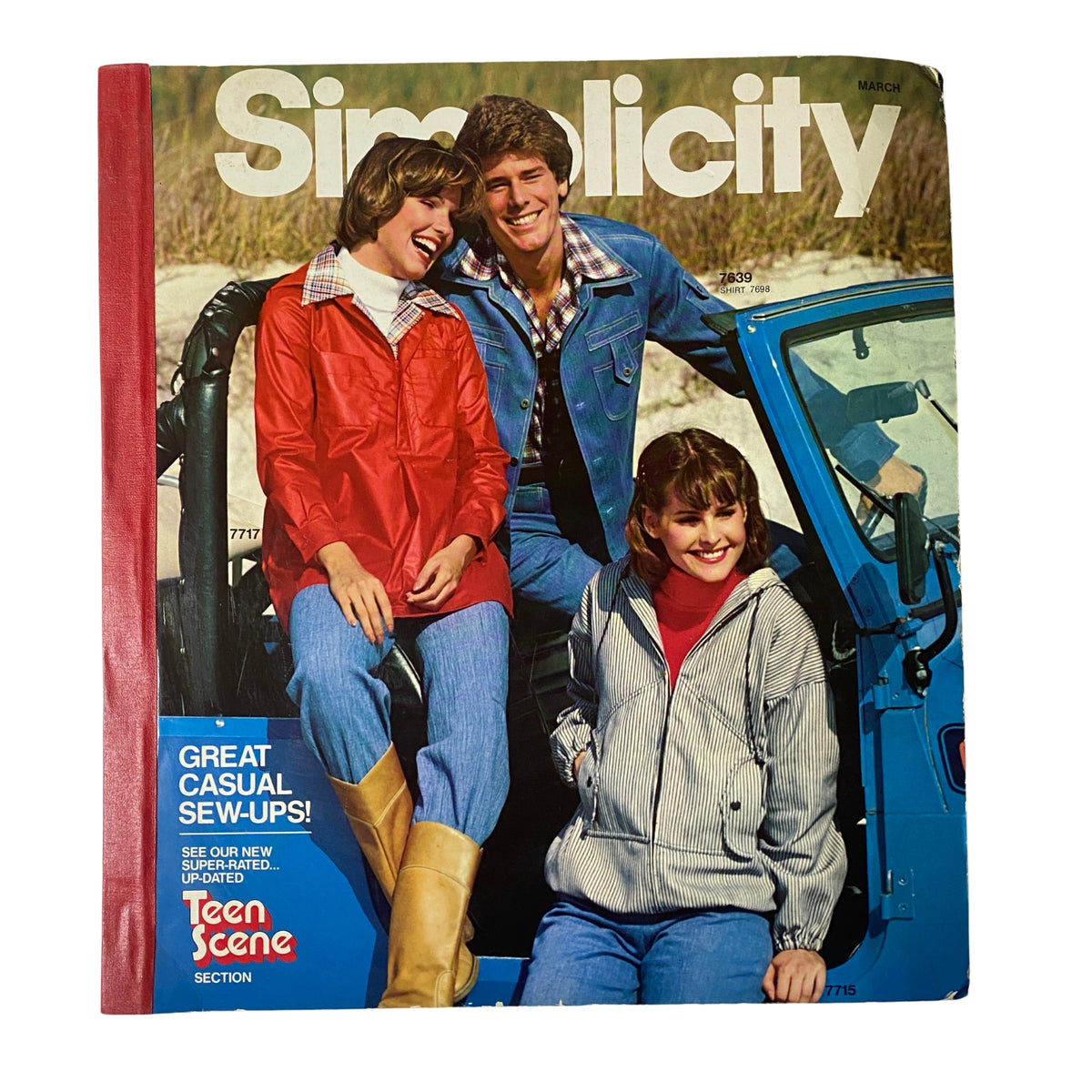 1977 March Simplicity Sewing Pattern Catalog showcasing three models in casual outfits, captured outdoors with a blue jeep, emphasizing youthful fashion trends of the late 70s.