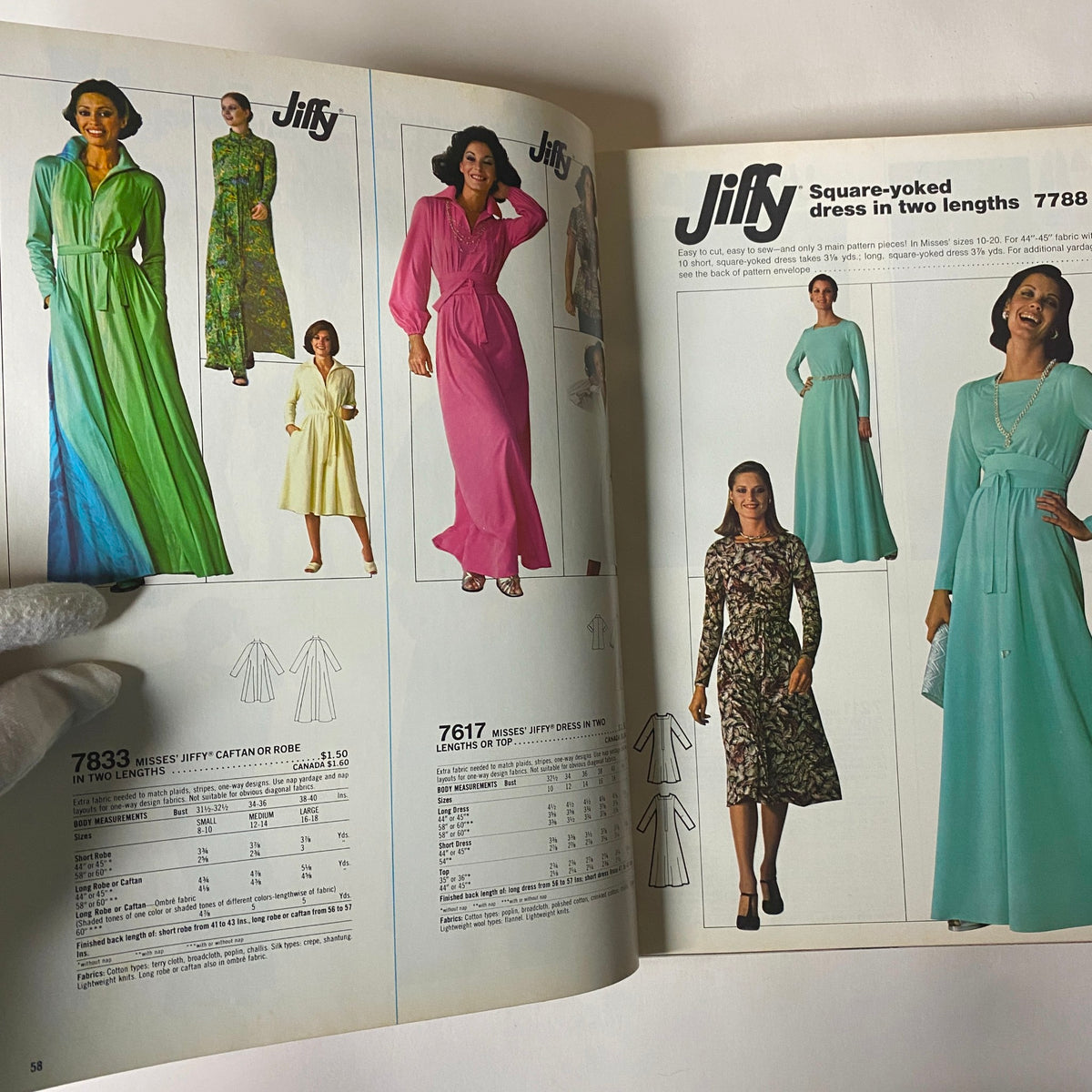 Inside view of the 1977 March Simplicity Sewing Pattern Catalog displaying long dresses and Jiffy patterns, illustrating vintage fashion designs.