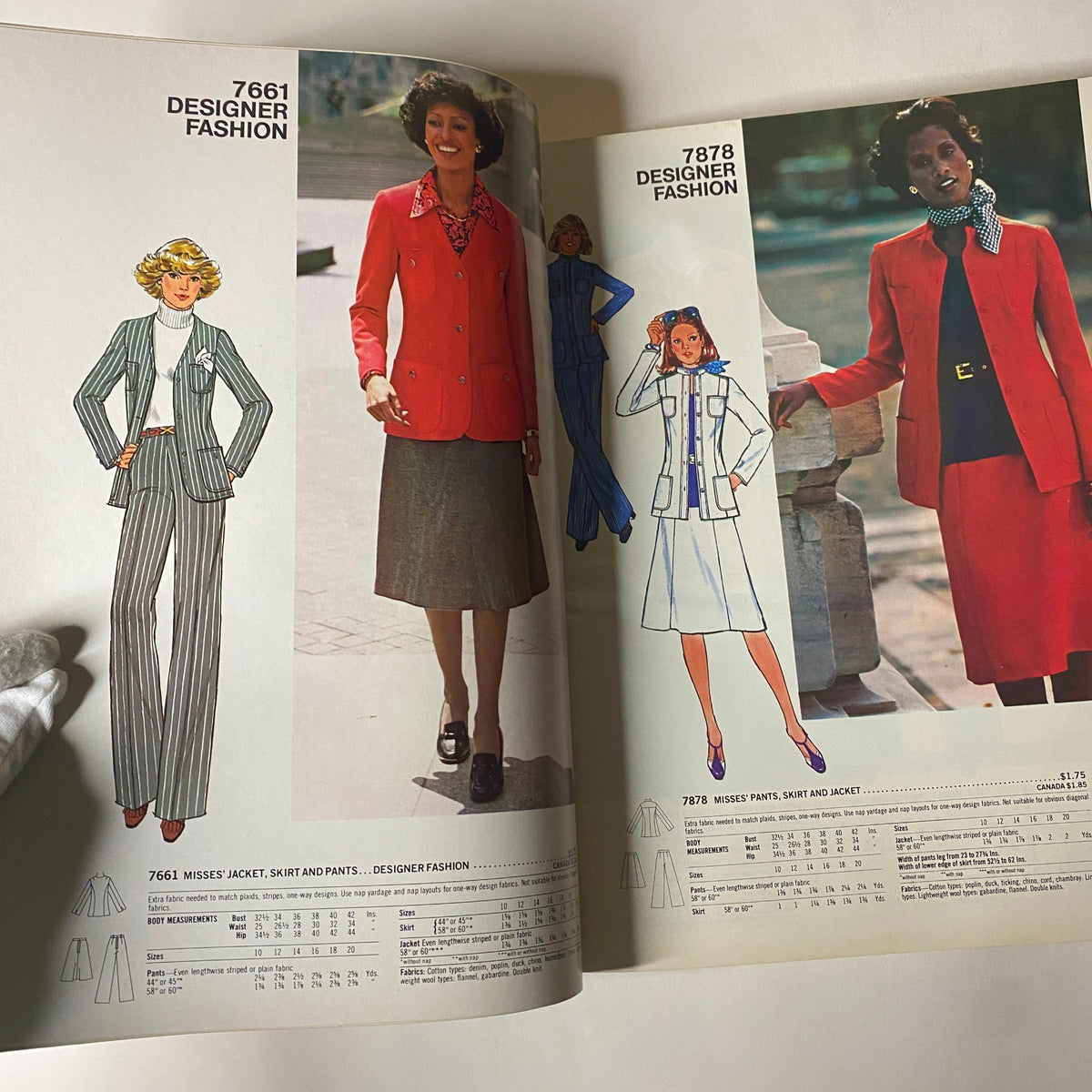 1977 March Simplicity Sewing Pattern Catalog showcasing designer fashion styles including Misses' jacket, skirt, and pants from pattern 7661 and 7878.