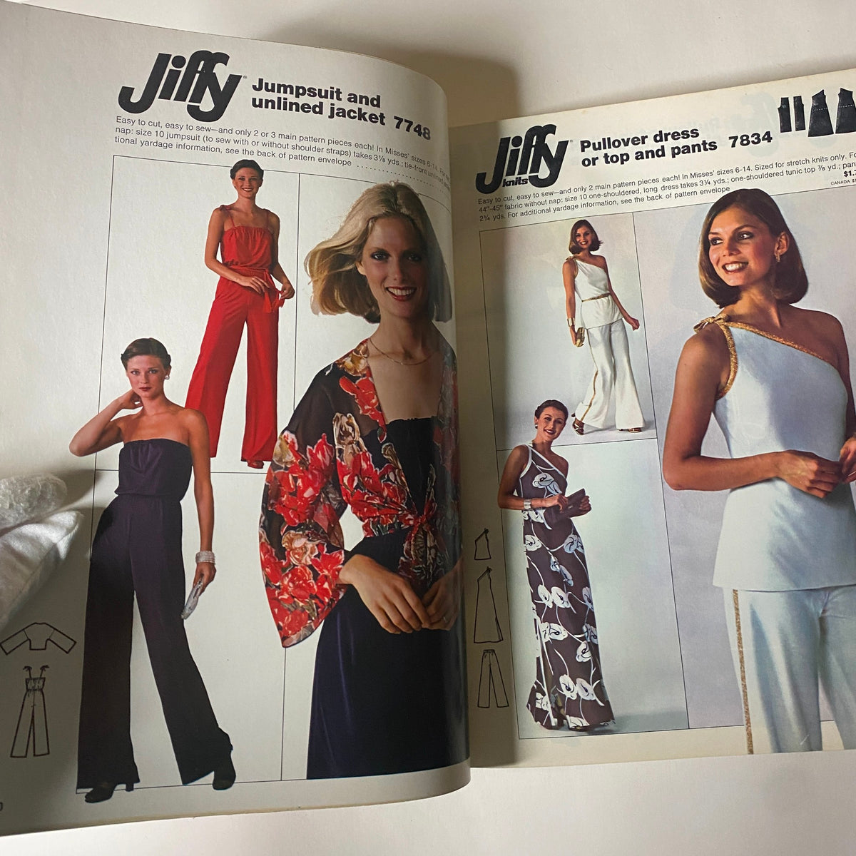 1977 March Simplicity Sewing Pattern Catalog featuring Jiffy sewing patterns for jumpsuits and unlined jackets, patterns 7748 and 7834.