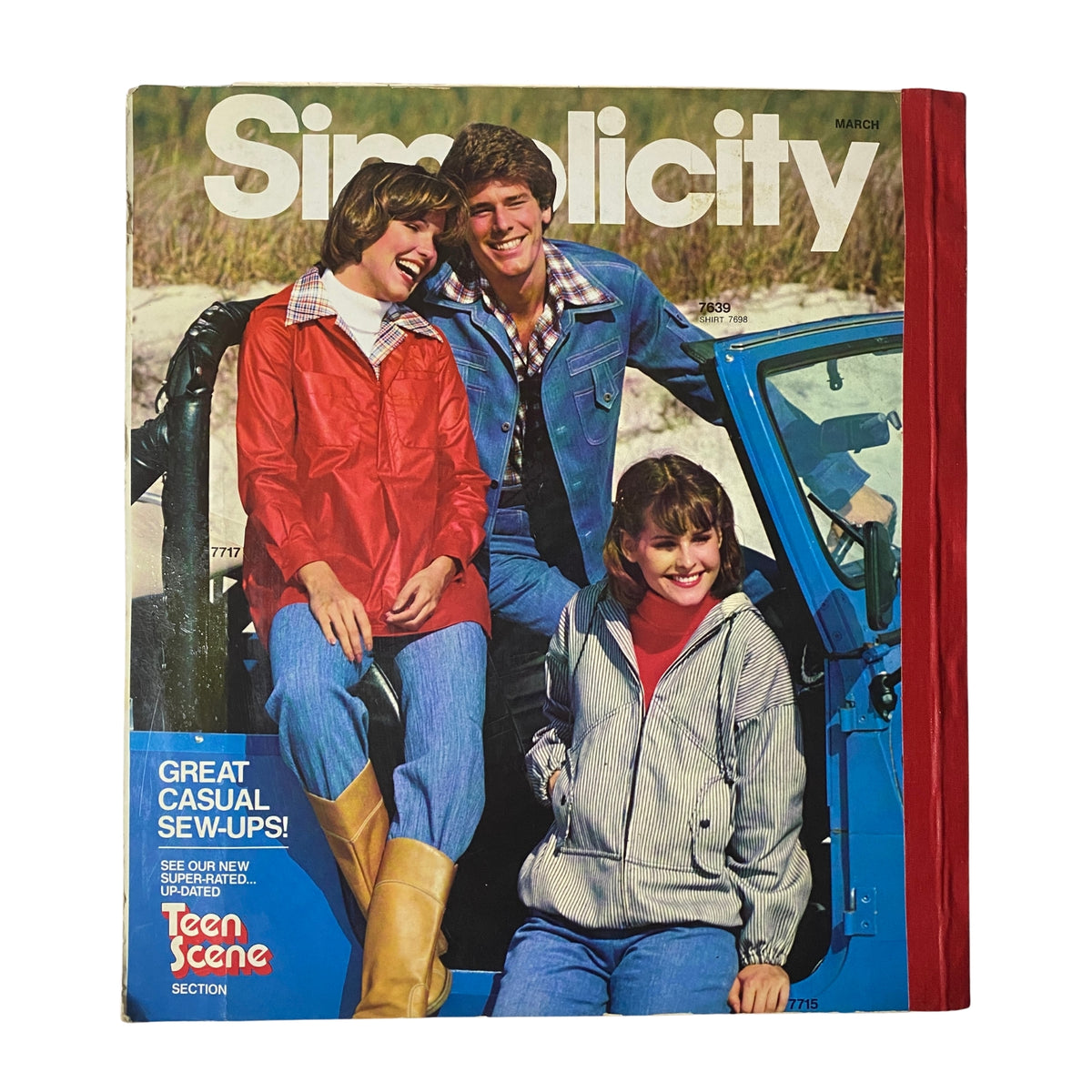 Cover image of the 1977 March Simplicity Sewing Pattern Catalog featuring a casual and stylish group wearing vintage clothing, representing the spirit of the 1970s Teen Scene in fashion.
