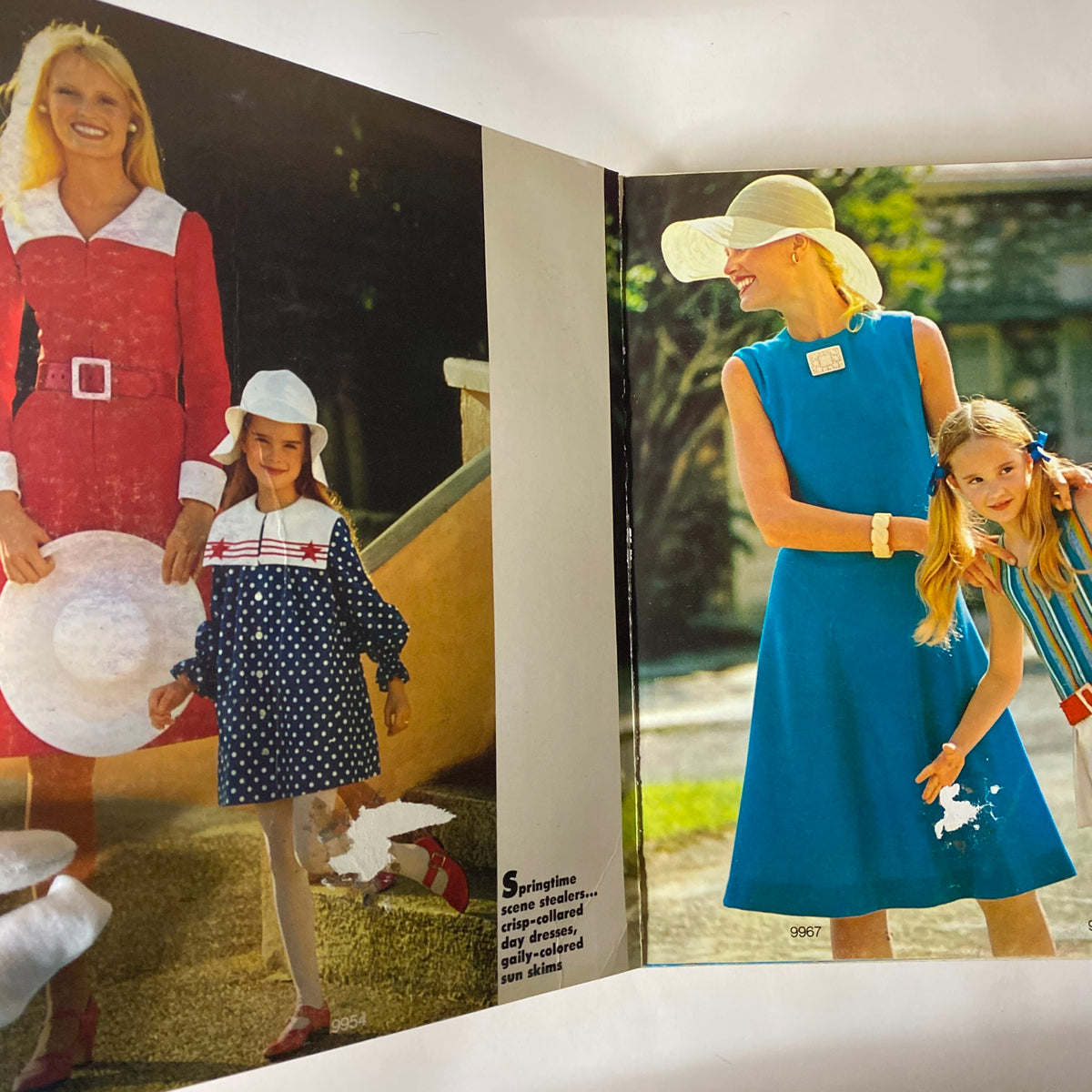 1970s May Simplicity Sewing Pattern Catalog image showcasing fashionable spring dresses for women and girls, featuring bright colors and playful patterns.