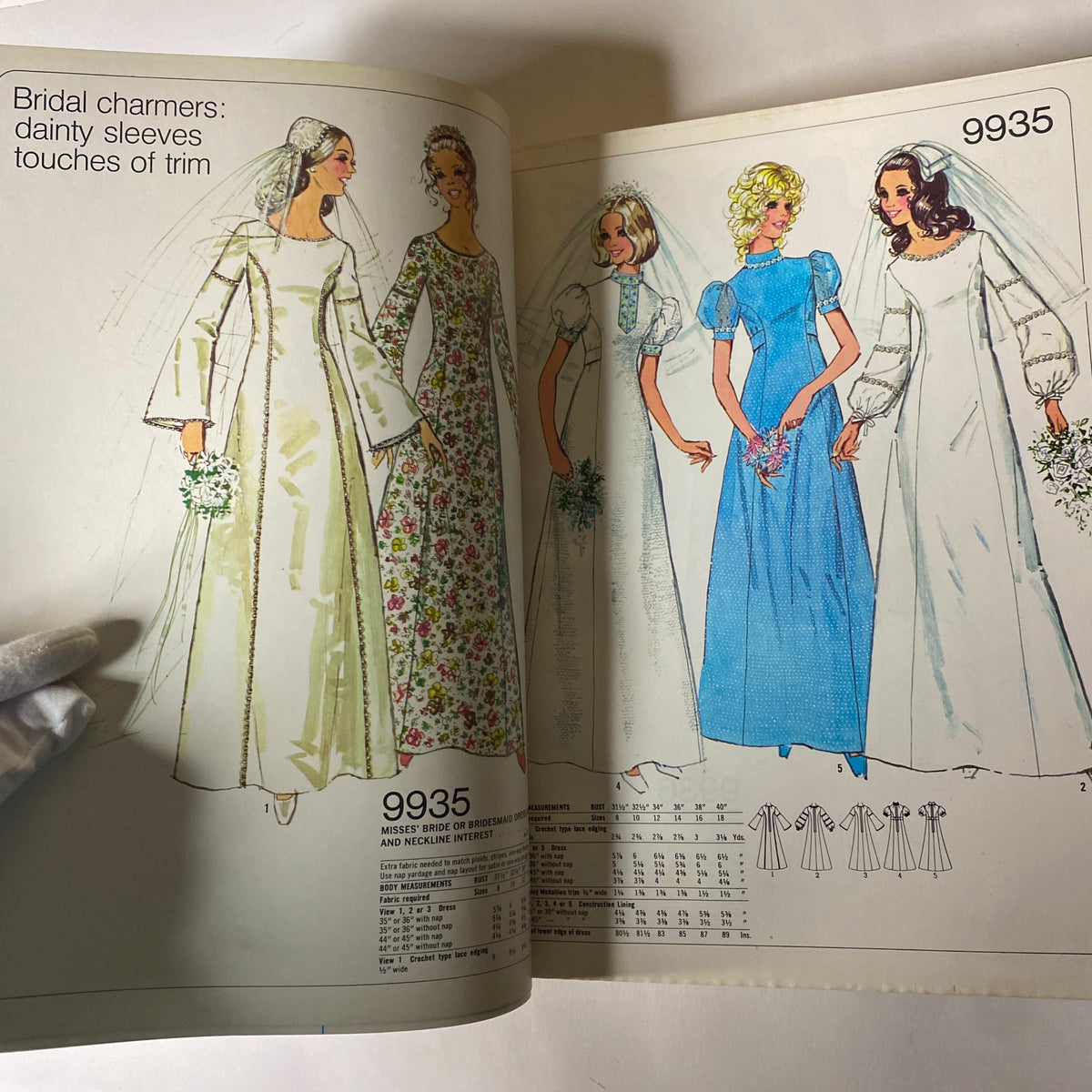 1970s May Simplicity Sewing Pattern Catalog featuring elegant bridal dress designs labeled 'Bridal charmers' with various styles and trims.