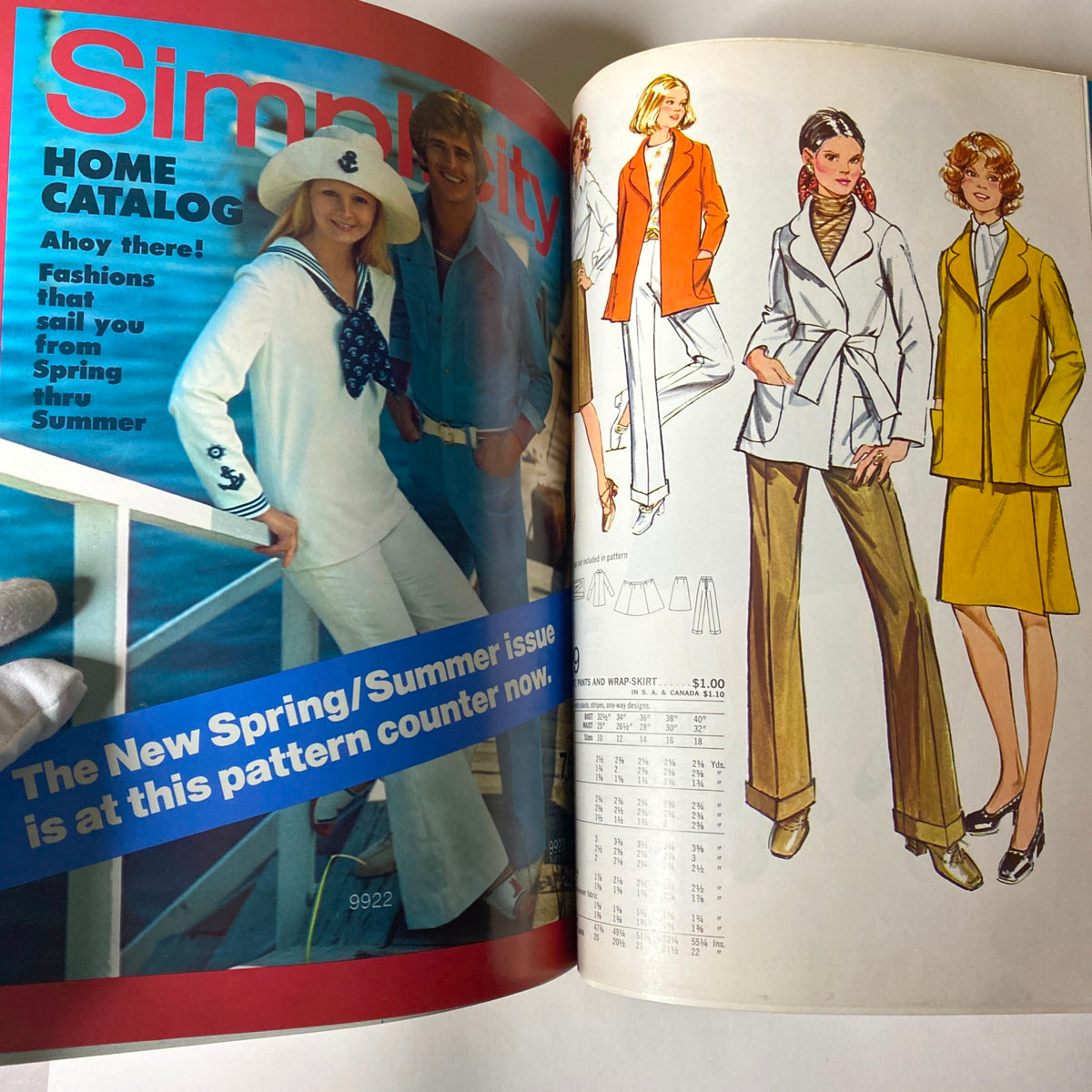 1970s May Simplicity Sewing Pattern Catalog showcasing a home catalog cover featuring a couple in nautical fashion and multiple spring/summer designs for stylish sewing projects.