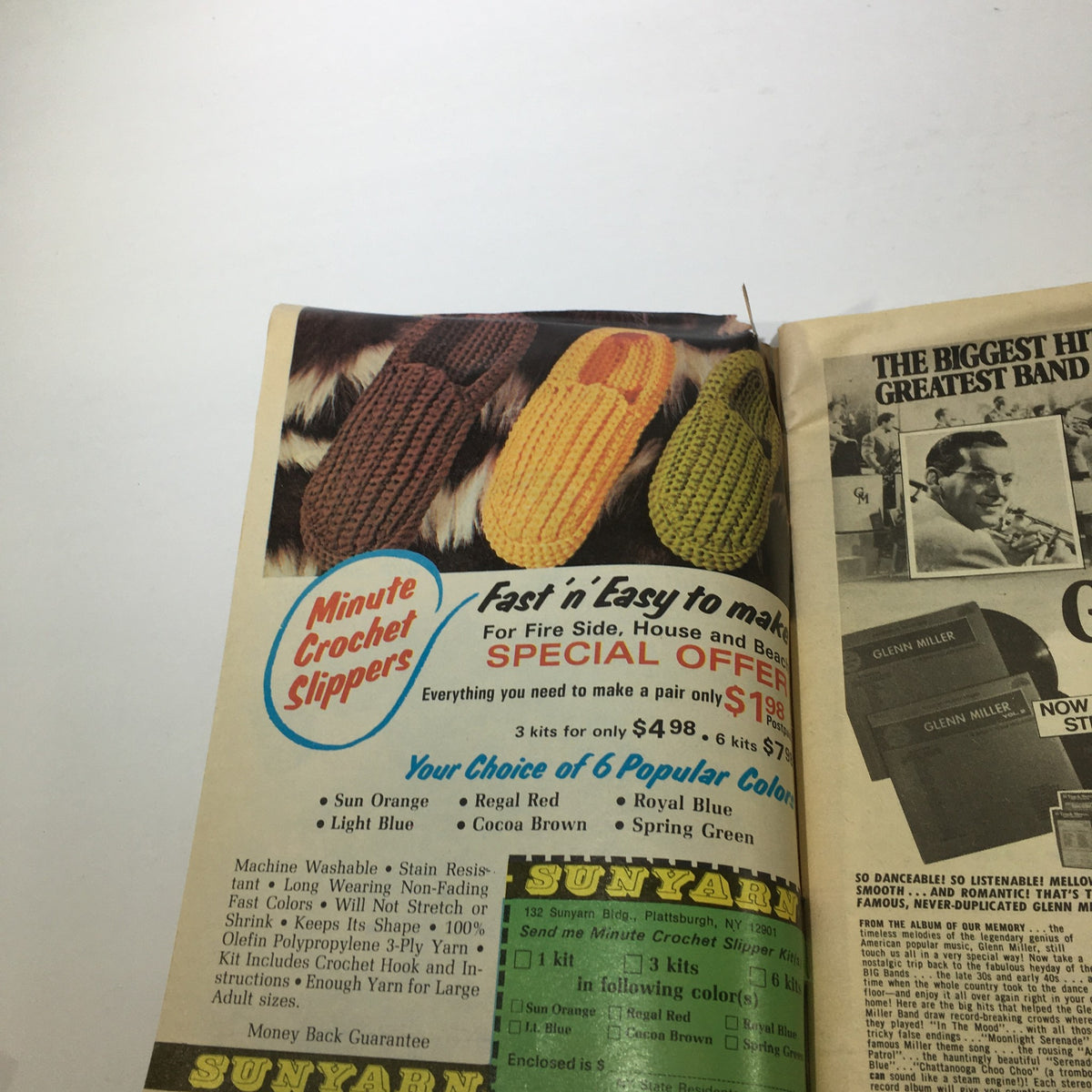 Inside page of the VTG The Workbasket & Home Arts Magazine April 1977 showcasing an advertisement for Minute Crochet Slippers, promoting easy crochet projects with color options.