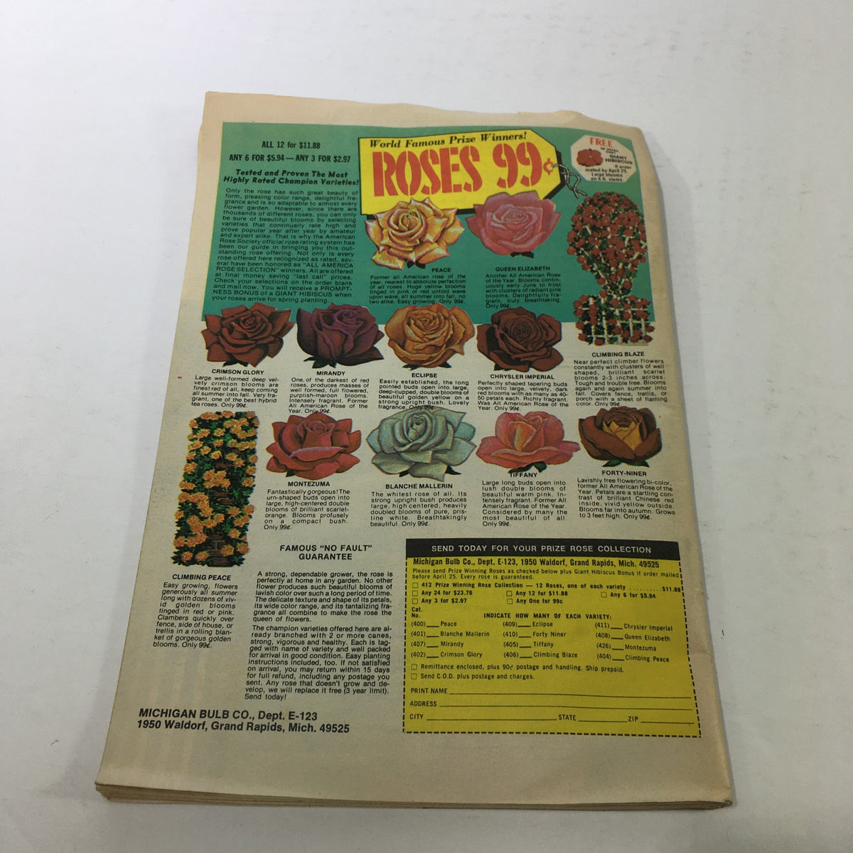 Advertisement for roses from the back page of the VTG The Workbasket & Home Arts Magazine April 1977, showcasing various rose varieties and pricing information.