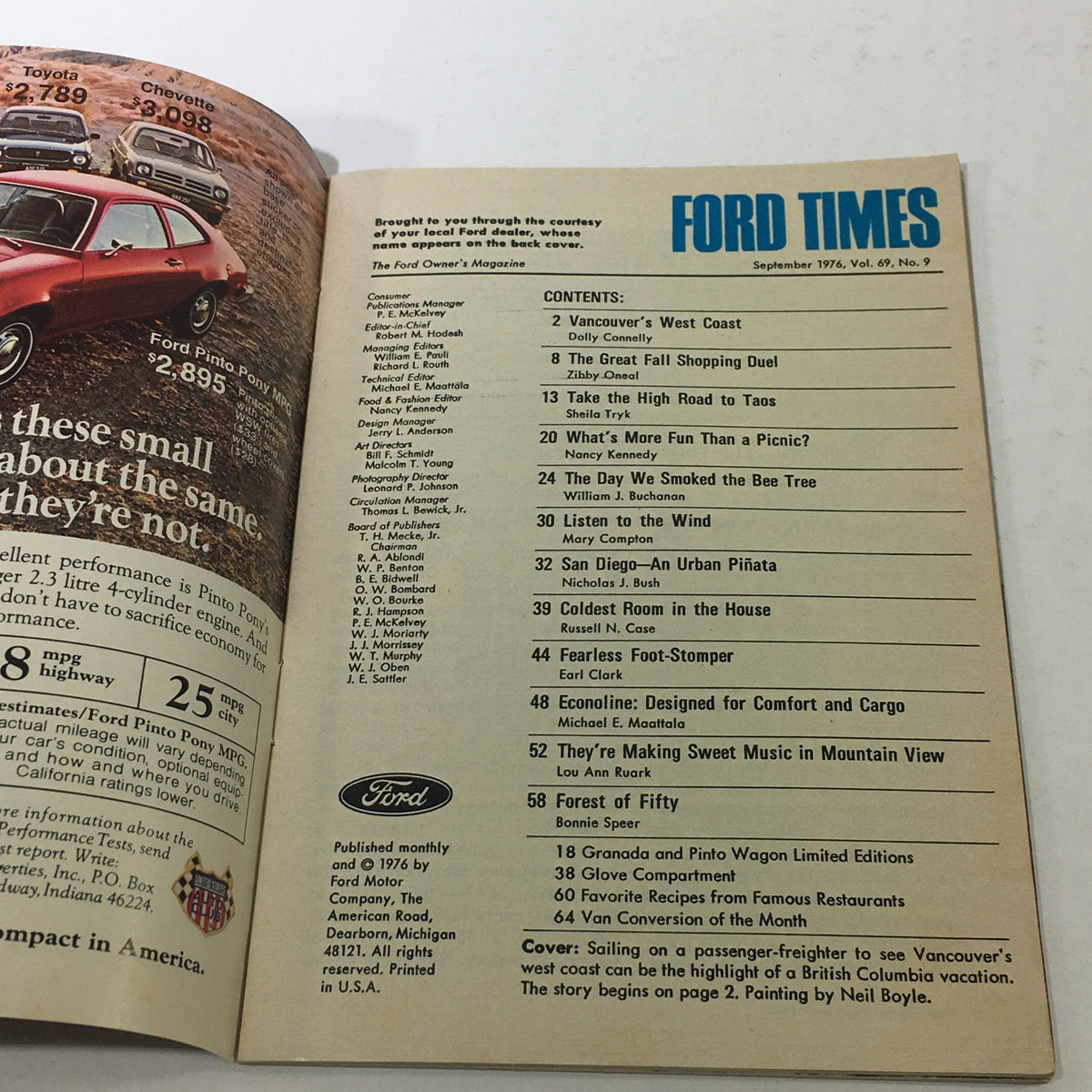 Inside page of VTG Ford Times Magazine September 1976 showcasing contents and articles, including highlights of the Econoline model.