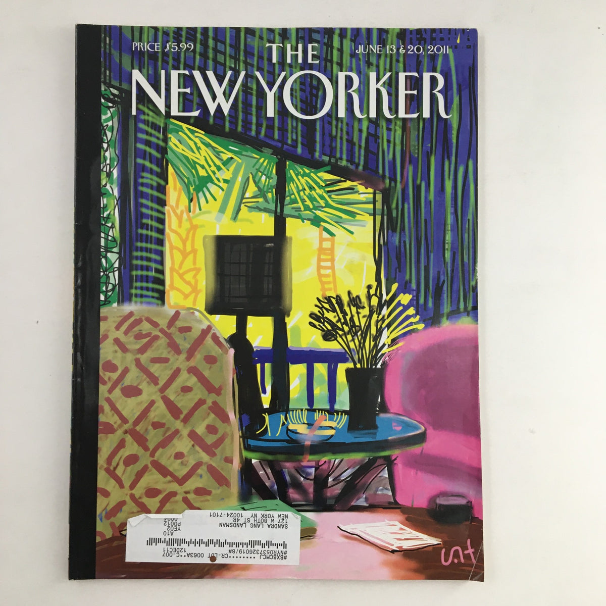 The New Yorker June 13 2011 Full Magazine Theme Cover by David Hockney featuring a vibrant illustration of a living space with a pink chair, decorative plants, and a television, showcasing Hockney's signature colorful style.