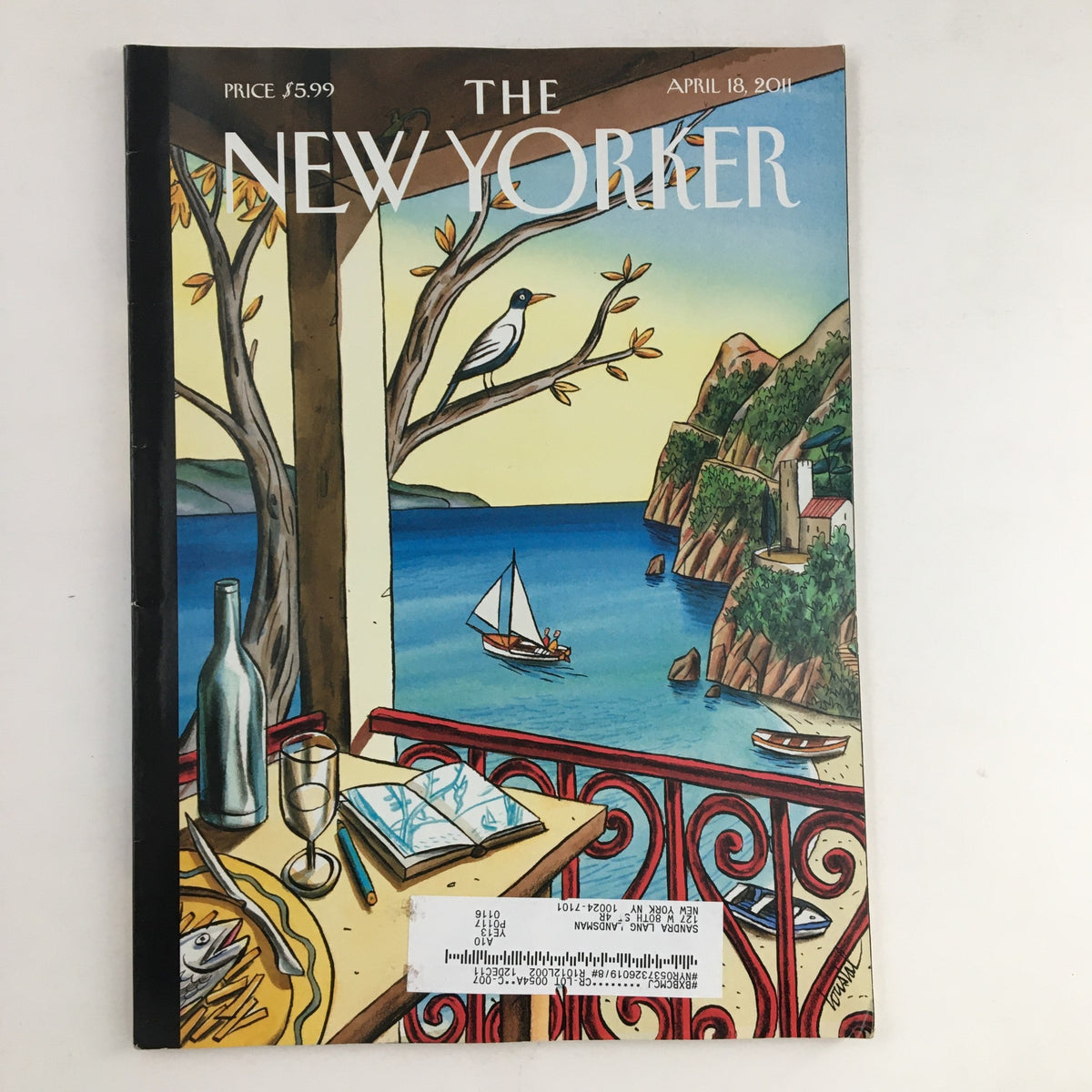 Cover of The New Yorker April 18 2011 featuring art by Jacques de Loustal, depicting a scenic balcony view with boats and a wine glass.