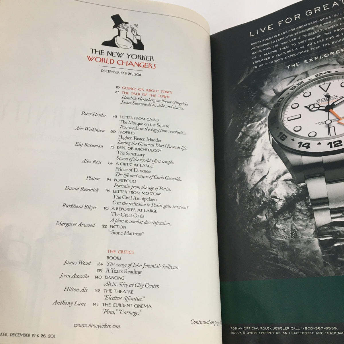 The New Yorker December 19 2011 issue interior page, featuring the table of contents with articles from various writers including Peter H. Lewis and Margaret Atwood, showcasing cultural commentary and critiques.