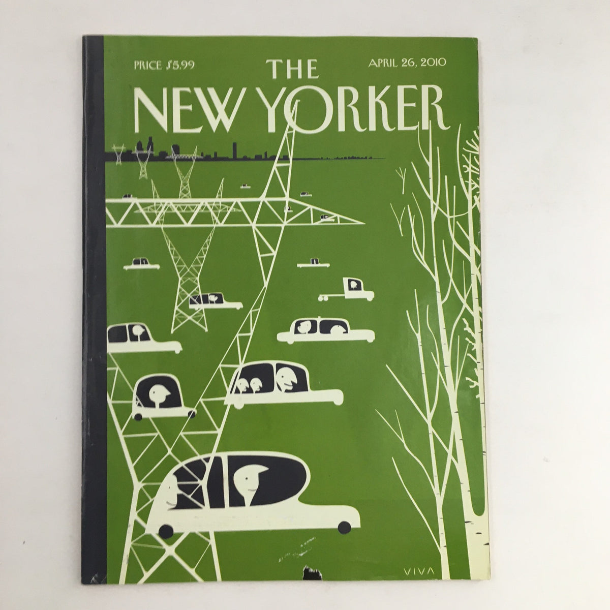 The New Yorker April 26 2010 Full Magazine Theme Cover by Frank Viva featuring a vibrant green design with cars and a whimsical depiction of city life.