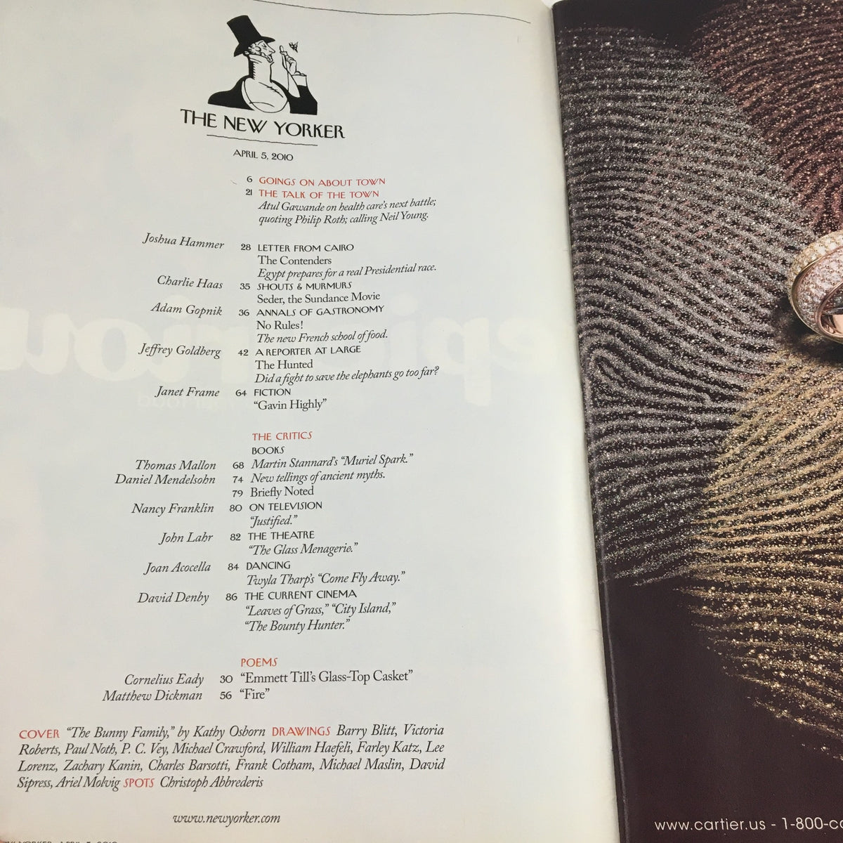 The New Yorker April 5 2010 magazine inner page showcasing the table of contents, highlighting featured articles and illustrations by various artists.