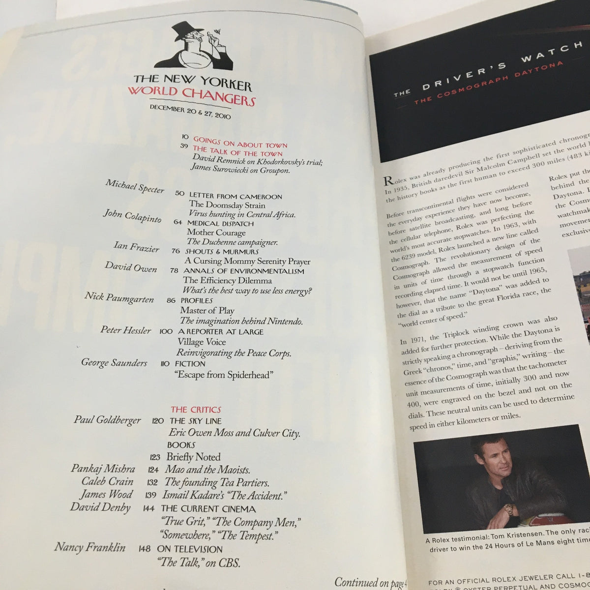 Interior page of The New Yorker December 20 2010 magazine displaying table of contents and article titles.