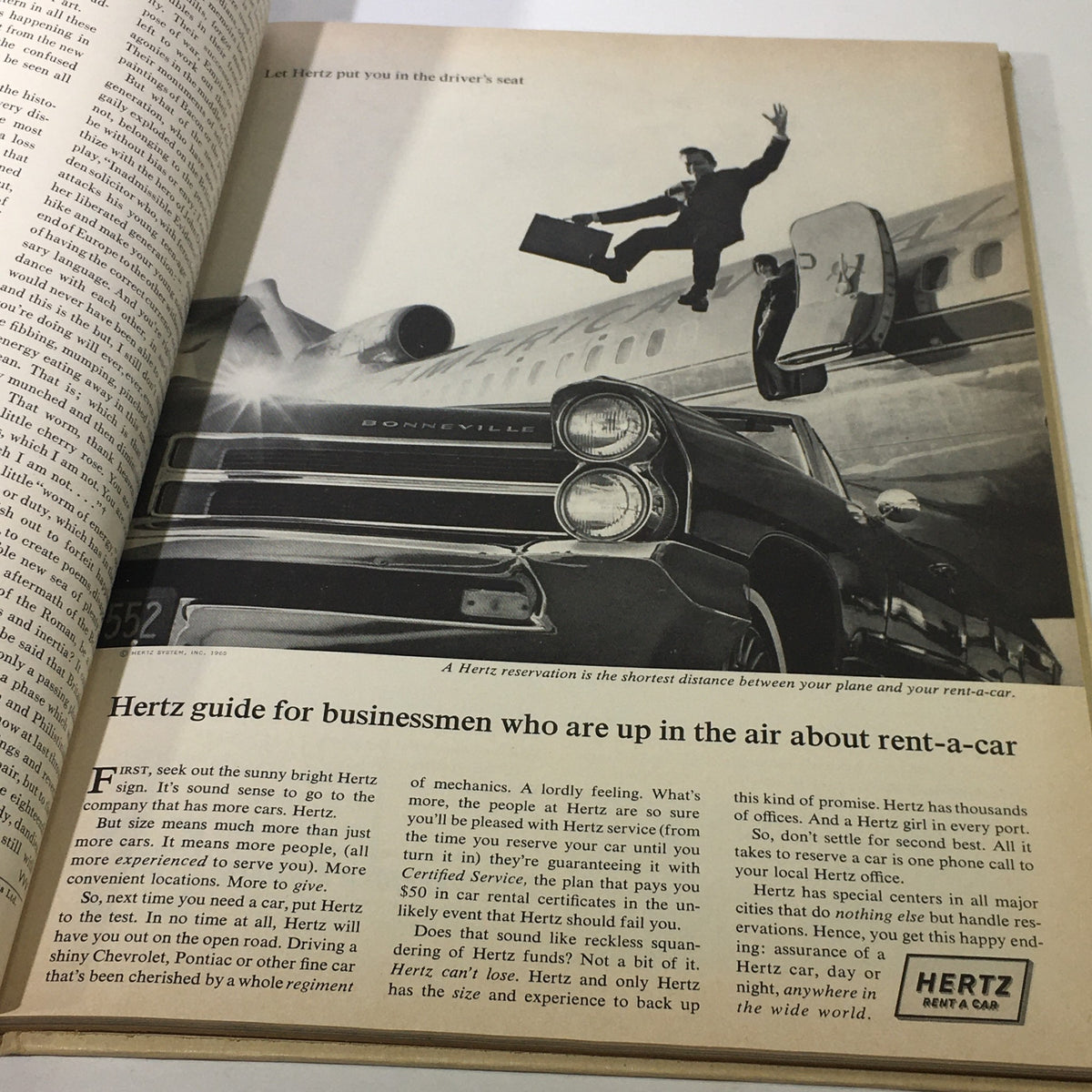 Inside page of VTG Venture Magazine Book: April 1965, showcasing a vintage advertisement for Hertz with a businessman leaping from a plane to a rental car, emphasizing travel and business.