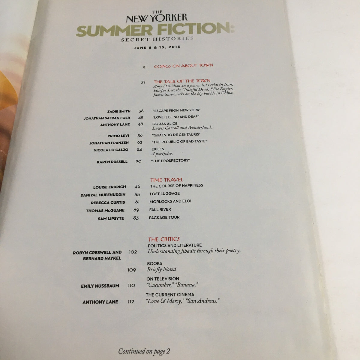 Contents page of The New Yorker magazine, June 8 & 15, 2015, featuring sections like Summer Fiction and articles by various authors.