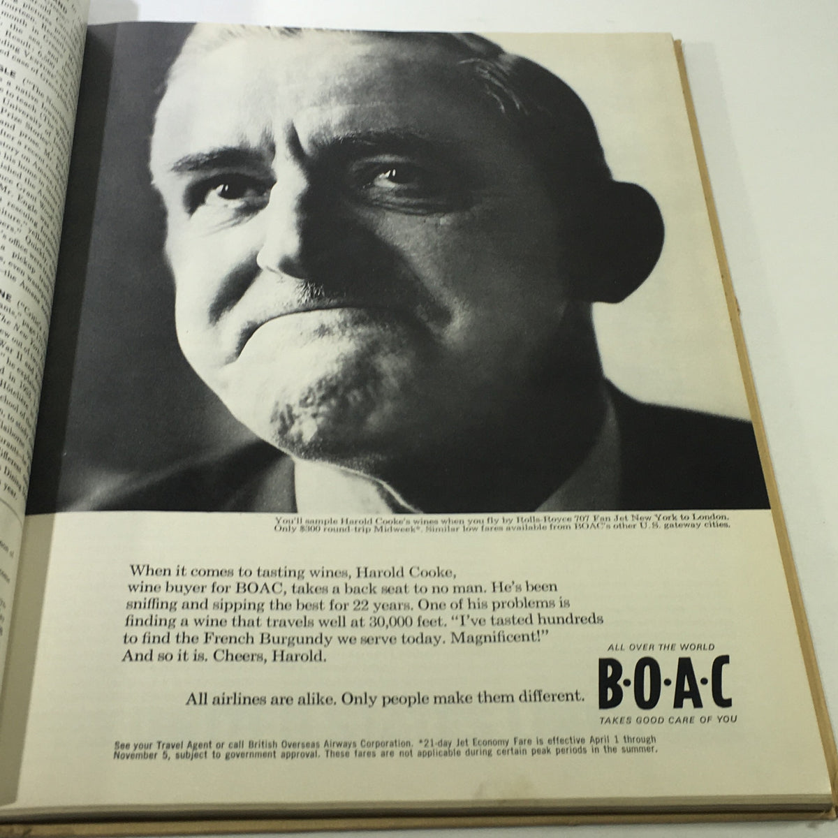 Inside page of VTG Venture Magazine Book: June 1964 featuring an advertisement for BOAC with a portrait of Harold Cooke, a wine buyer, emphasizing vintage travel.