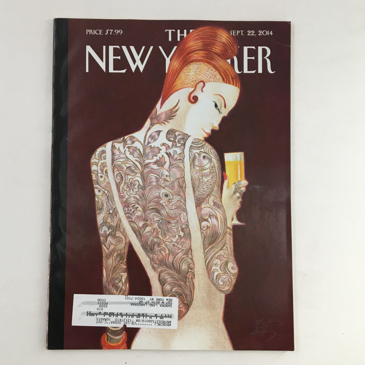 The New Yorker September 22, 2014 Full Magazine Theme Cover by Lorenzo Mattotti featuring a woman with intricate tattoos holding a glass, showcasing contemporary art and journalism.