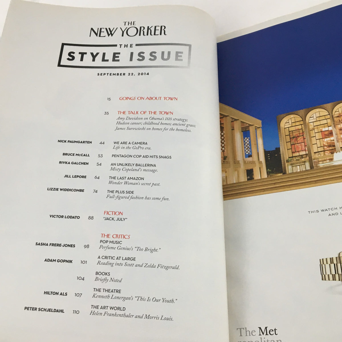 Interior page of The New Yorker September 22, 2014, displaying the contents section titled 'The Style Issue,' listing features including 'The Talk of the Town' and fiction by Jack Hsu.