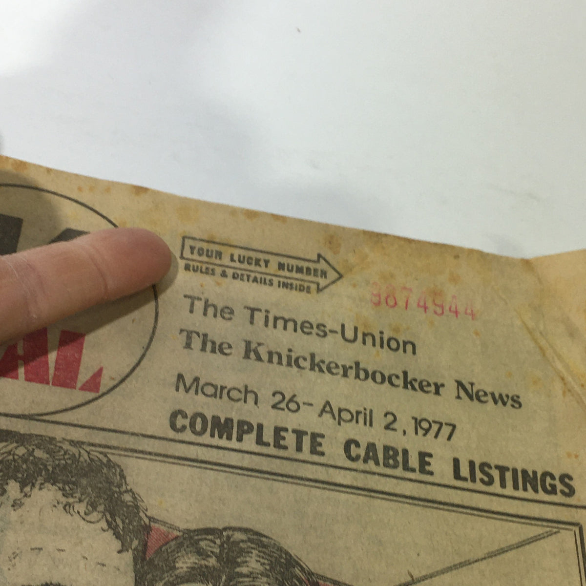 Close-up of the vintage TV Dial magazine cover from The Knickerbocker News Times Union, dated March 26 - April 2, 1977, displaying title and date information.