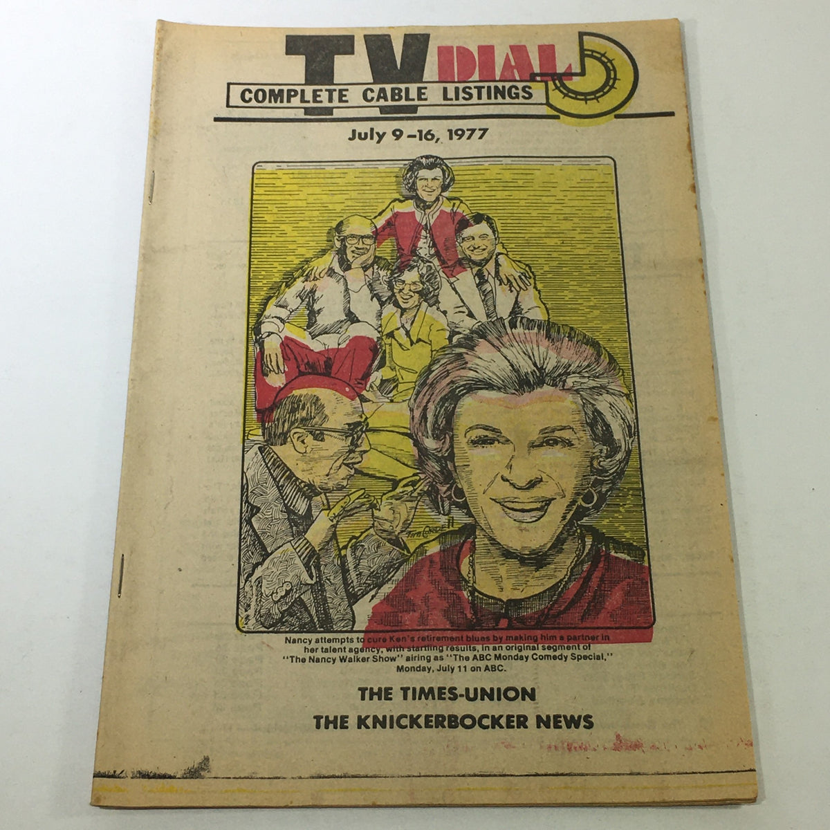 VTG TV Dial The Knickerbocker News July 9-16 1977 complete cable listings magazine cover featuring colorful illustrations and characters.