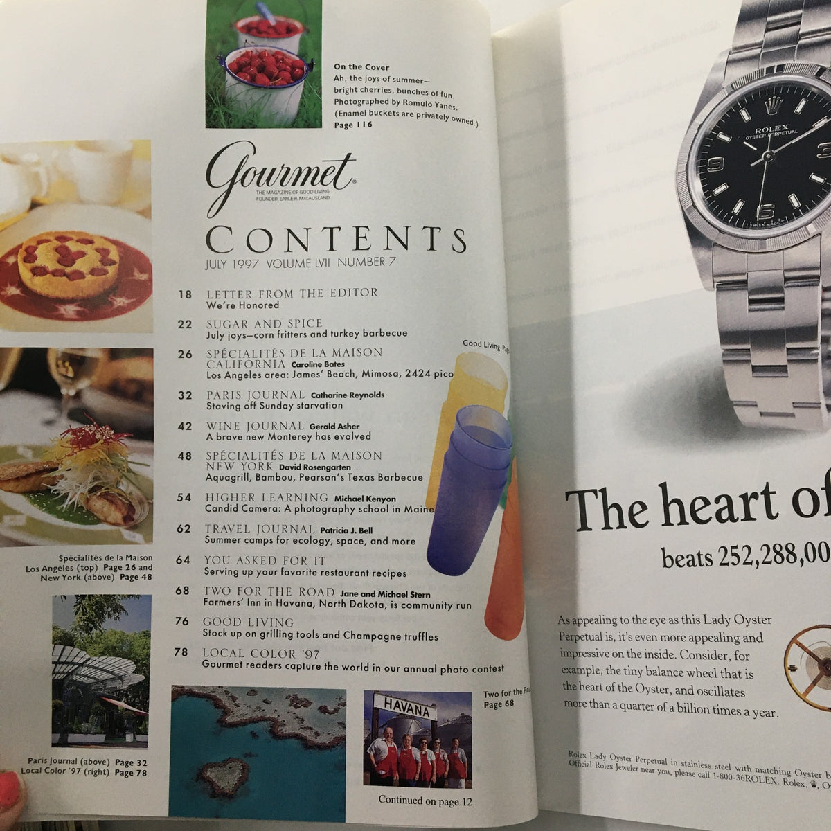 Contents page of Gourmet Magazine July 1997 detailing various articles including 'Specialties De La Maison' and featuring images related to summer dining and cuisine.