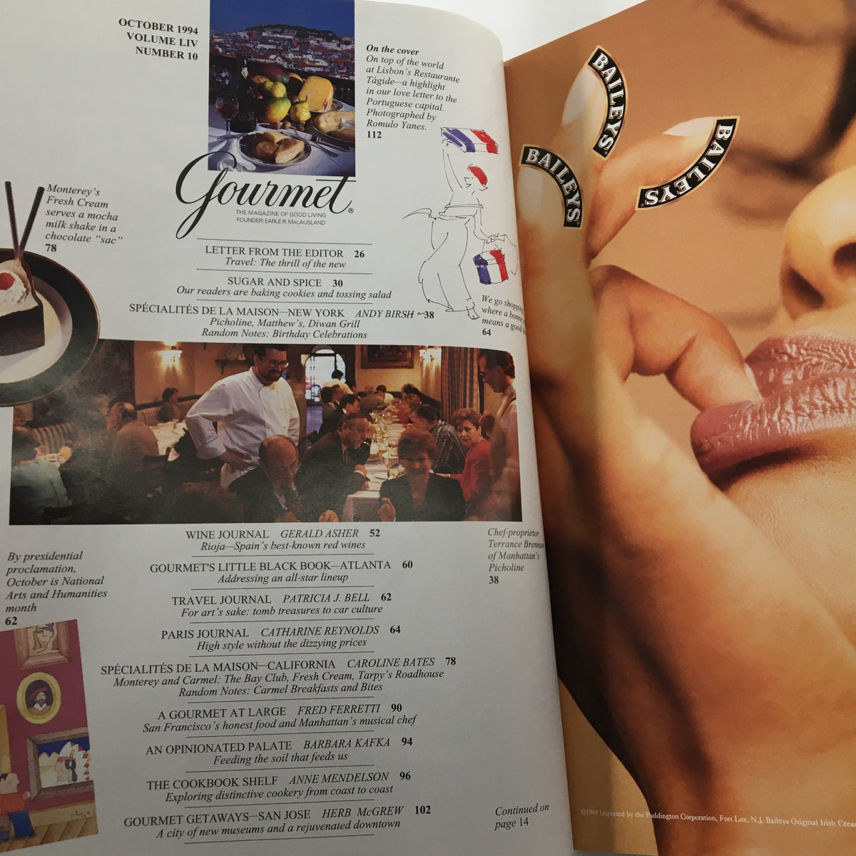Interior page of Gourmet Magazine October 1994 showcasing a contents page with articles about culinary topics and a dining scene, including a feature on Restaurante Tagide.