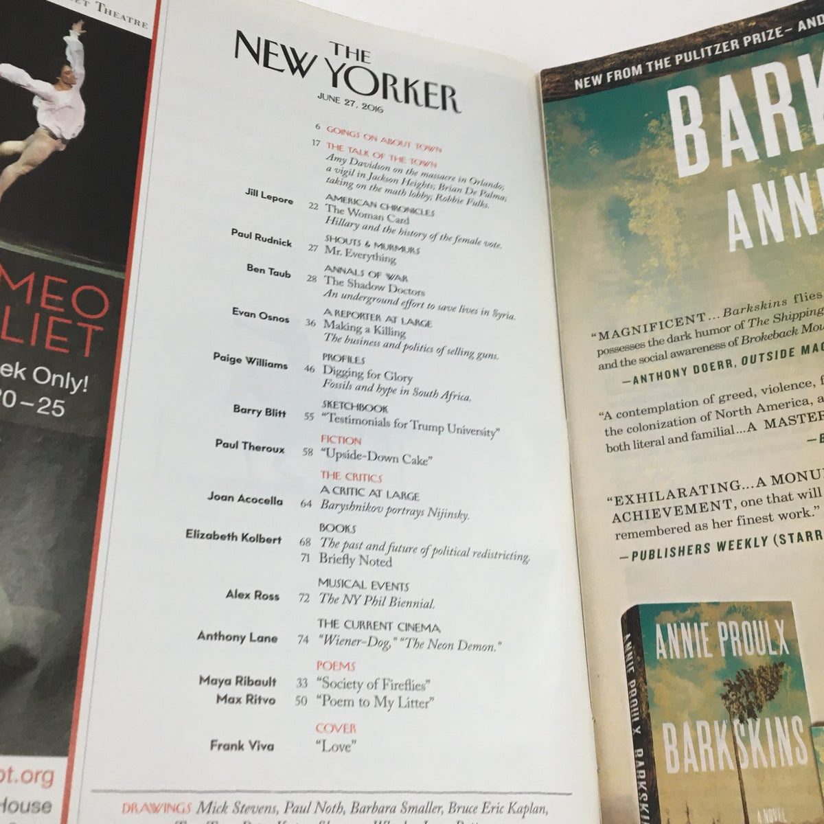 Interior page of The New Yorker Full Magazine June 27 2016, displaying the table of contents including notable contributors and featured articles, with emphasis on the cover title 'Love' by Frank Viva.