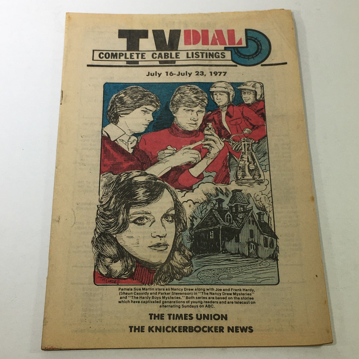 VTG TV Dial Complete Cable Listings July 16-23 1977 featuring Pamela Sue Martin as Nancy D, showcasing colorful illustrations of characters from the era on the magazine cover.