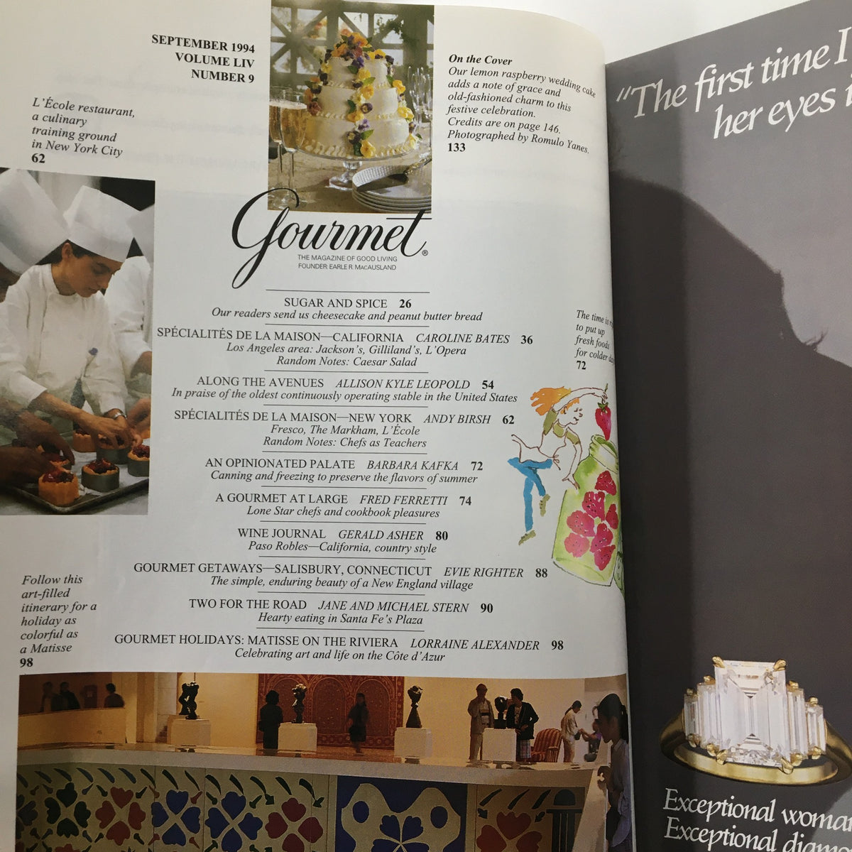 Inside spread of Gourmet Magazine September 1994 showcasing contents including recipes and features, with a focus on the Lemon Raspberry Wedding Cake on the cover.