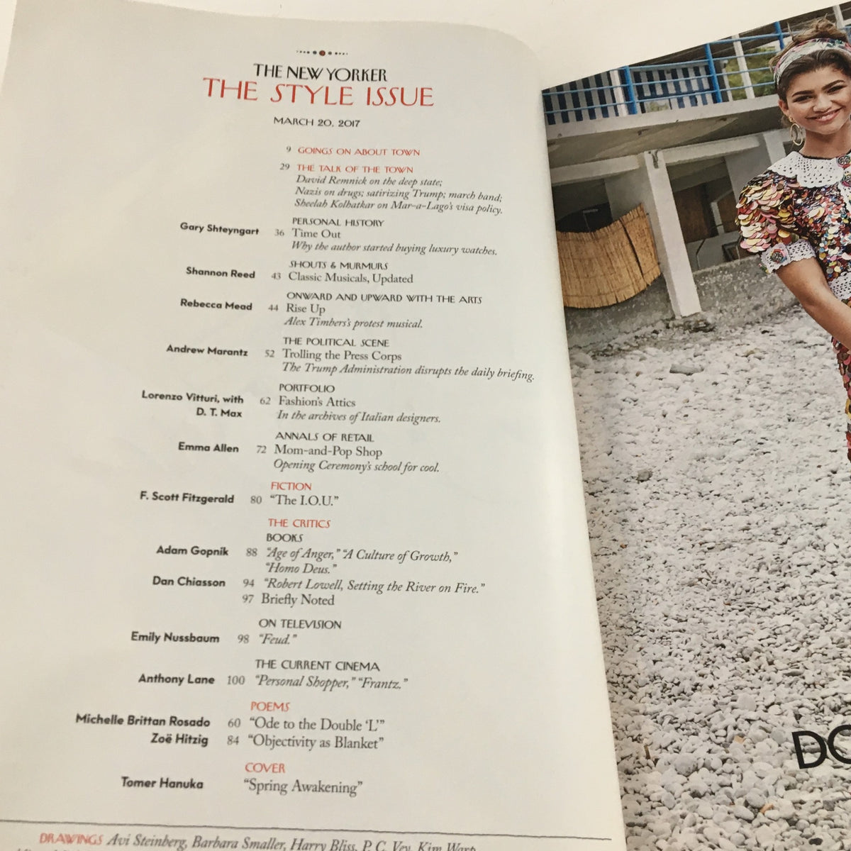 Interior page of The New Yorker Full Magazine March 20 2017 displaying the Table of Contents, highlighting various articles and illustrations, including the cover piece 'Spring Awakening' by Tomer Hanuka.
