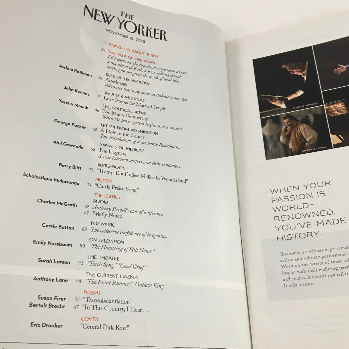 Interior page of The New Yorker Full Magazine November 12 2018, highlighting the table of contents with article titles such as 'The Gun on About Town', and 'Central Park Song', and featuring the name Eric Drooker for the cover art.
