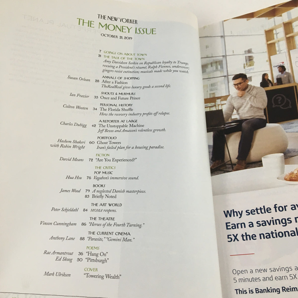 Inside page of The New Yorker October 21 2019 featuring the Table of Contents for 'The Money Issue', including contributions from notable writers and artists, highlighting Mark Ulriksen's cover art.