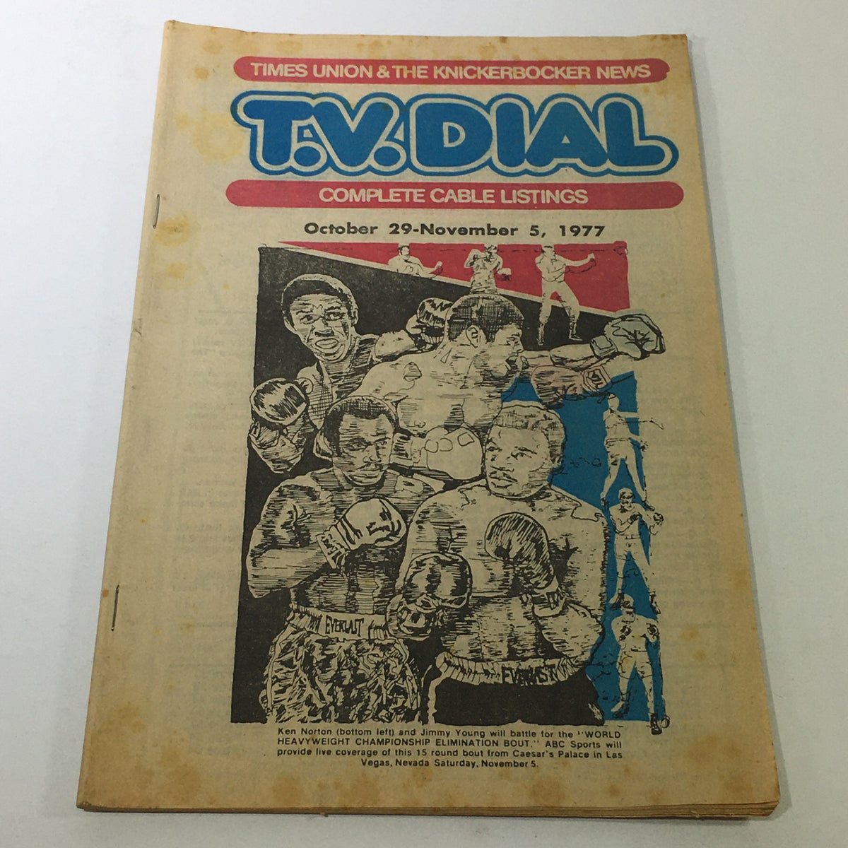 VTG TV Dial Complete Cable Listings October 29-November 5 1977 showing the cover featuring boxers, including Ken Norton.