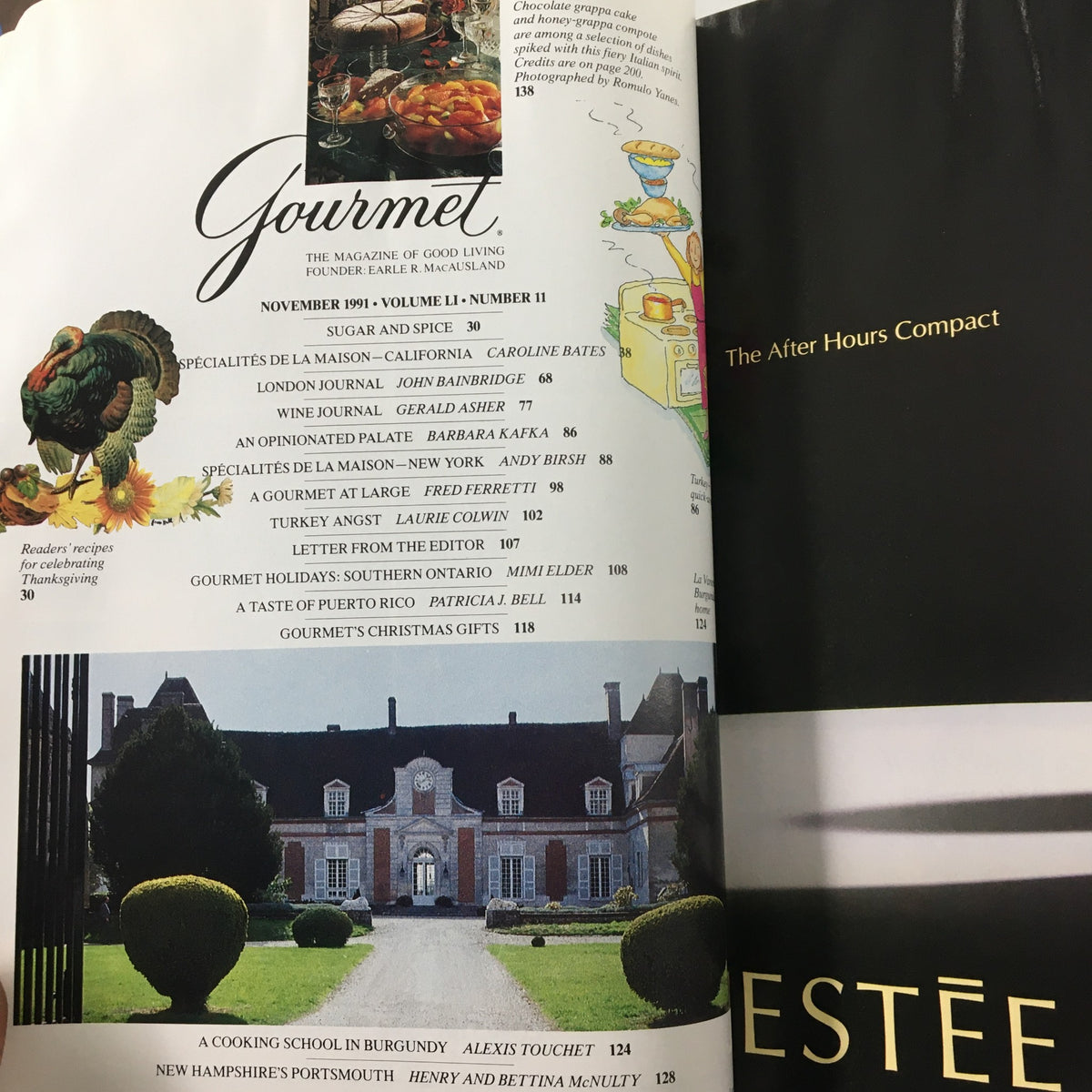 Gourmet Magazine November 1991 inside page showcasing the table of contents, highlighting various culinary articles and recipes, including 'Gourmet Holidays: Southern Ontario'.