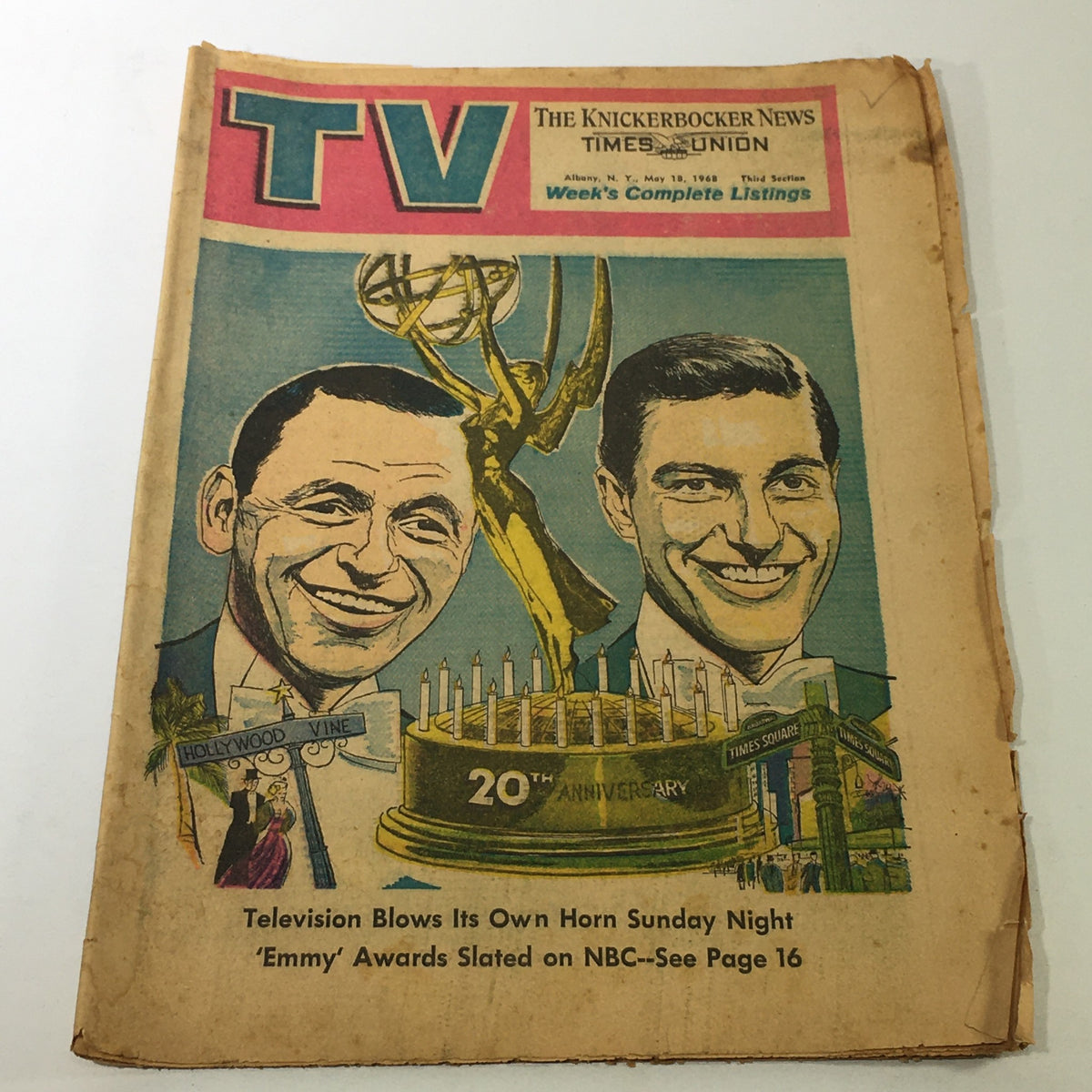 Vintage TV Week magazine cover featuring the complete listing for May 18, 1968, highlighting the 'Emmy' Awards airing on NBC, with illustrated portraits of two smiling men and a depiction of the Emmy trophy amidst a festive background.