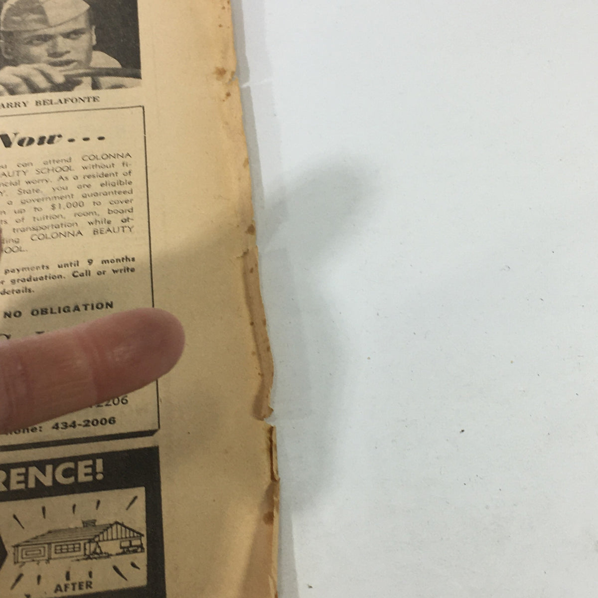 Detailed view of a torn page from the VTG TV Week magazine, highlighting a program listing and advertisement for Colonna Beauty School.
