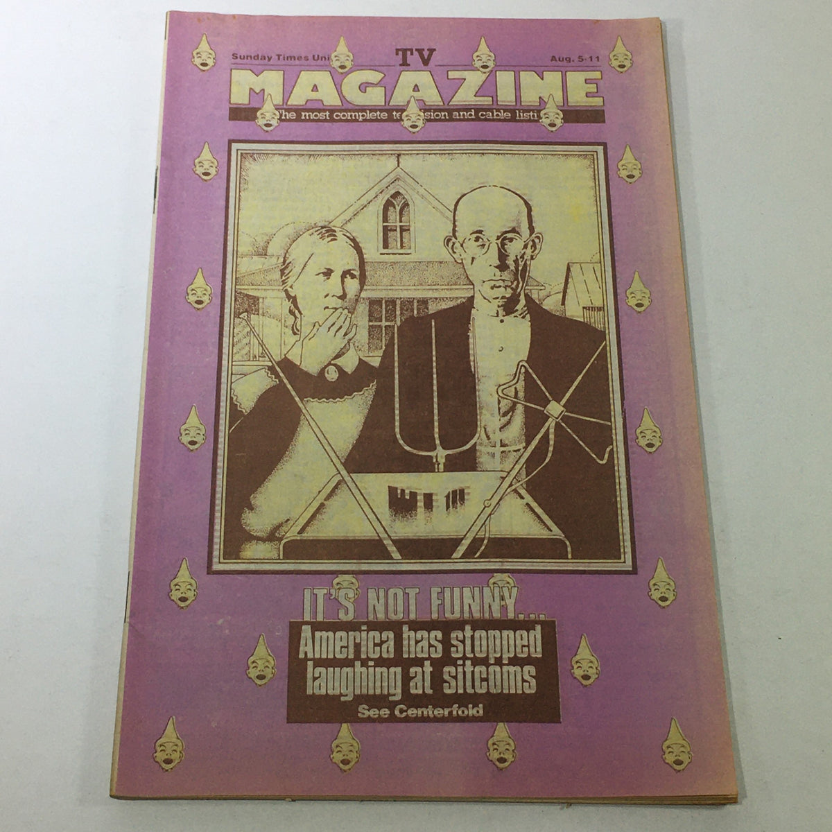 Cover of VTG TV Magazine: August 5-11 1984 featuring the title 'America's Stopped Laughing at Sitcoms' with iconic imagery resembling Grant Wood's American Gothic painting.