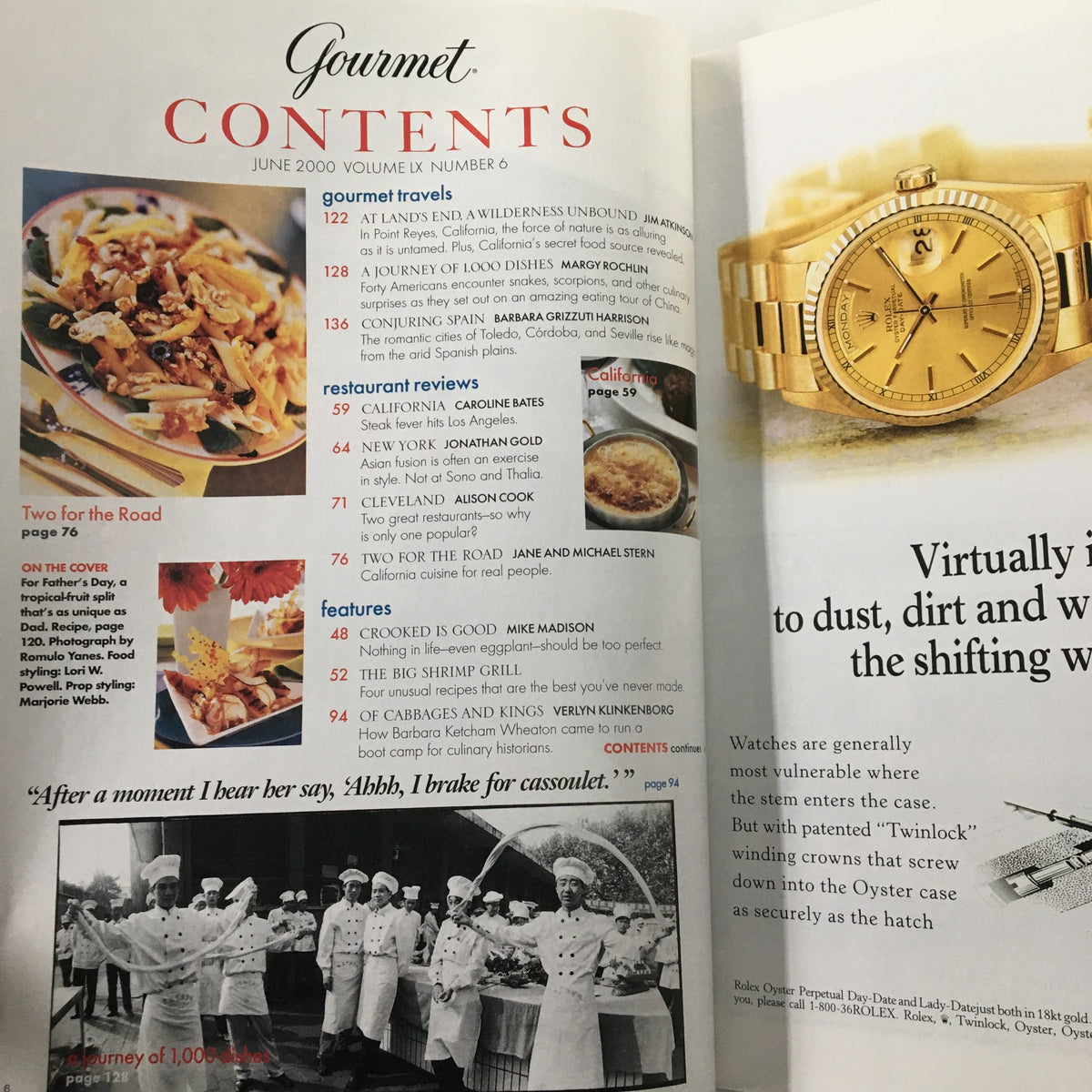 Inside layout of Gourmet Magazine June 2000 showcasing diverse culinary content including recipes and articles about gourmet food, featuring 'Two for the Road' and the elegant golden watch advertisement.
