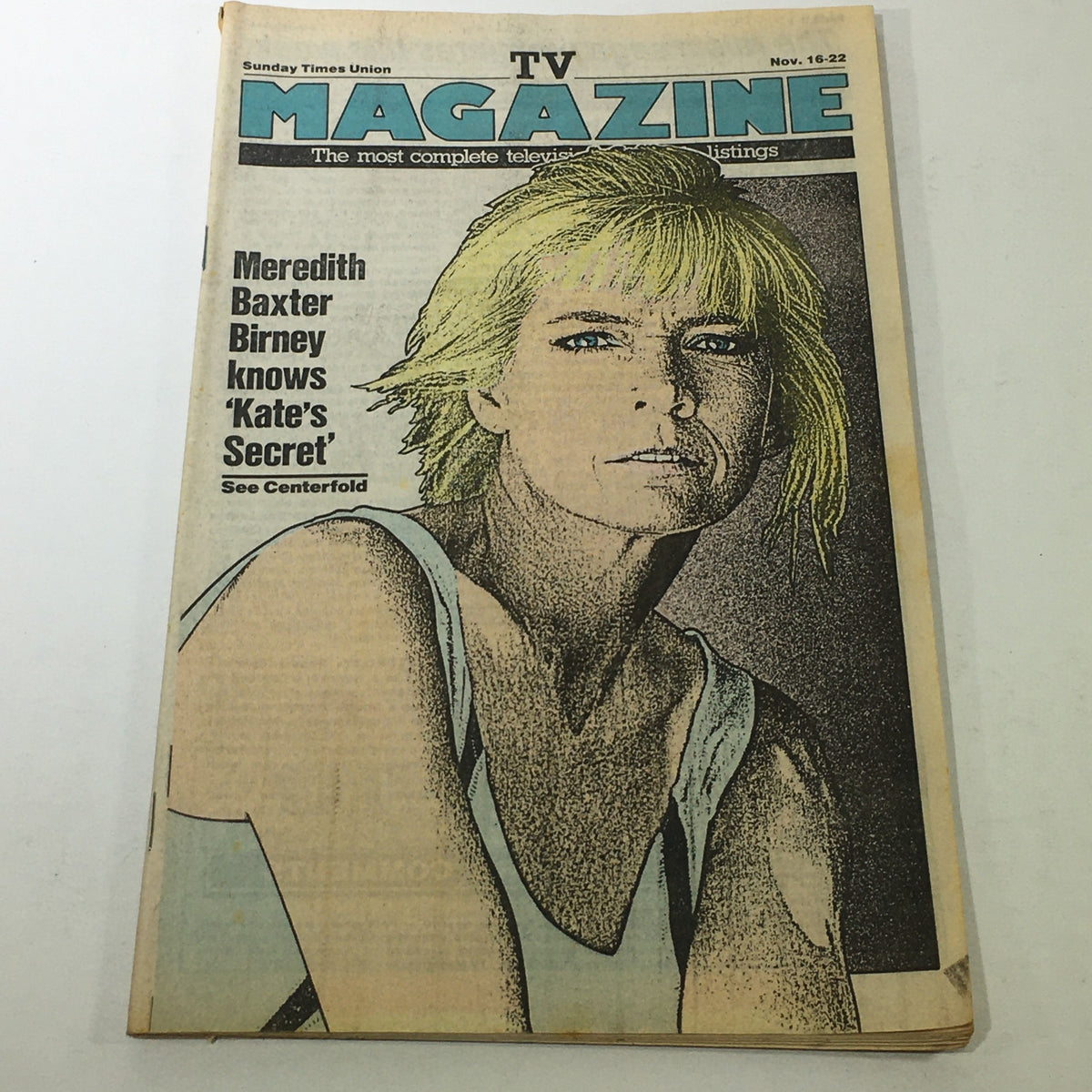 VTG TV Magazine cover from November 16-22, 1986 featuring Meredith Baxter Birney discussing 'Kate's Secret' with a vintage illustration style.
