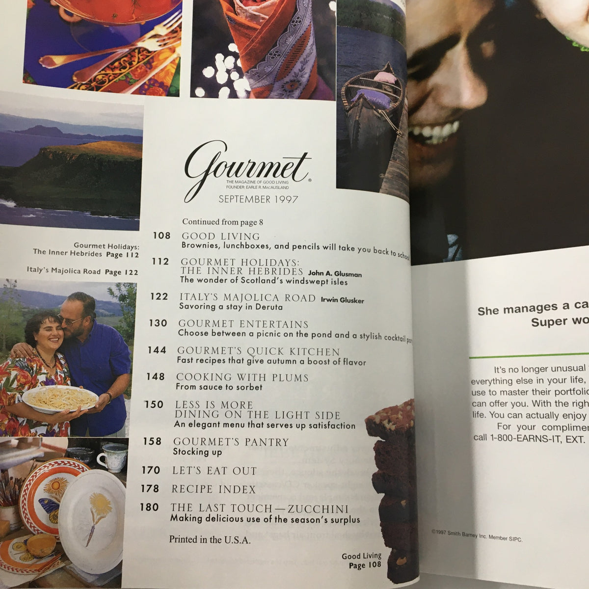 Inside pages of Gourmet Magazine September 1997 featuring articles about Scotland's Inner Hebrides and various recipes.