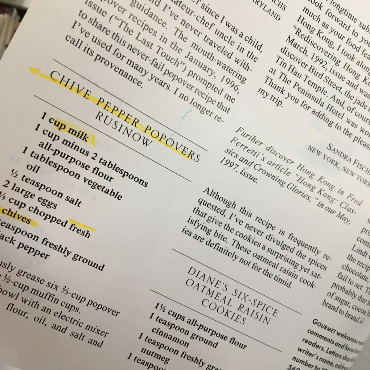A highlighted recipe for Chive Pepper Popovers from Gourmet Magazine September 1997, showcasing unique Scottish culinary traditions.