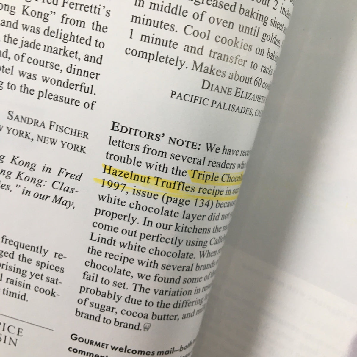 Editors' note discussing the Triple Chocolate Hazelnut Truffles recipe in Gourmet Magazine September 1997, highlighting reader interactions.