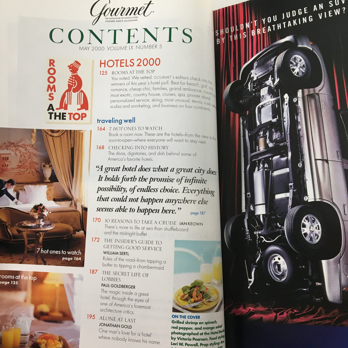 Contents page of Gourmet Magazine May 2000, showcasing articles on hotels and travel, including a feature titled 'Hotels 2000' and visuals of elegant dining experiences.